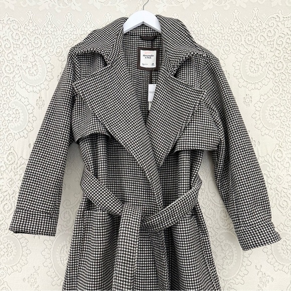 Abercrombie & Fitch Wool Trench Coat Houndstooth Belted - Picture 7 of 16